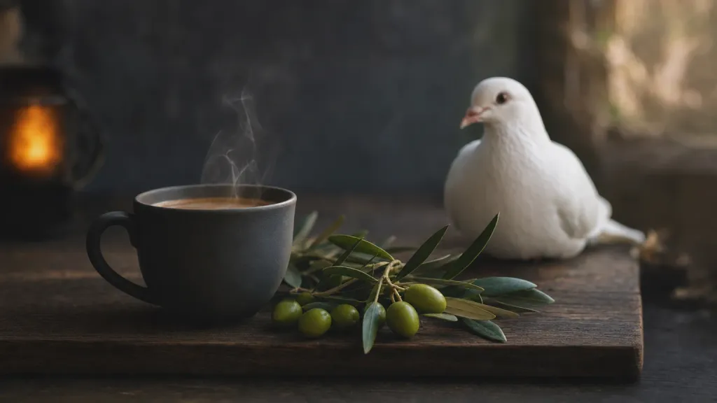 Dampfende Kaffeetasse, Olivenzweig mit Oliven und eine weiße Taube bei warmem Licht