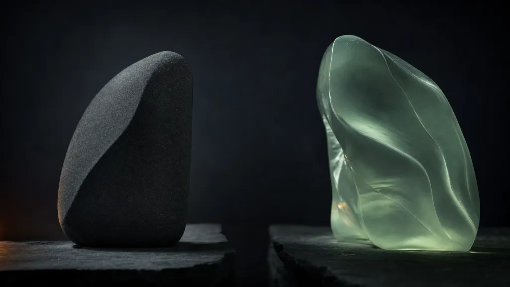 Massive Steinform gegenüber einer leuchtenden sage-grünen Glasform, Dialog von Mensch und KI