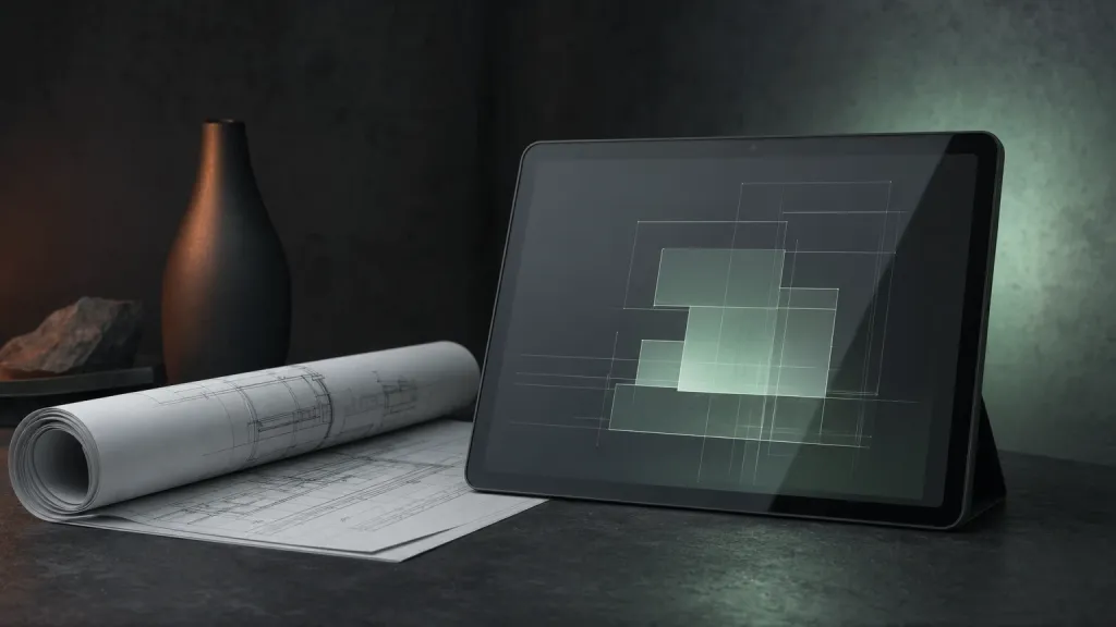 Mattes Tablet mit abstrakter Wireframe-Struktur auf dunklem Stein, Sage-Licht