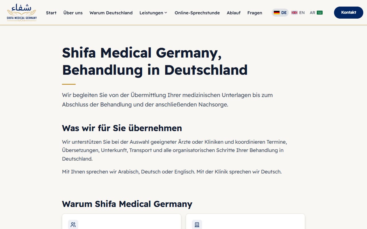 Screenshot der Website von Shifa Medical Germany